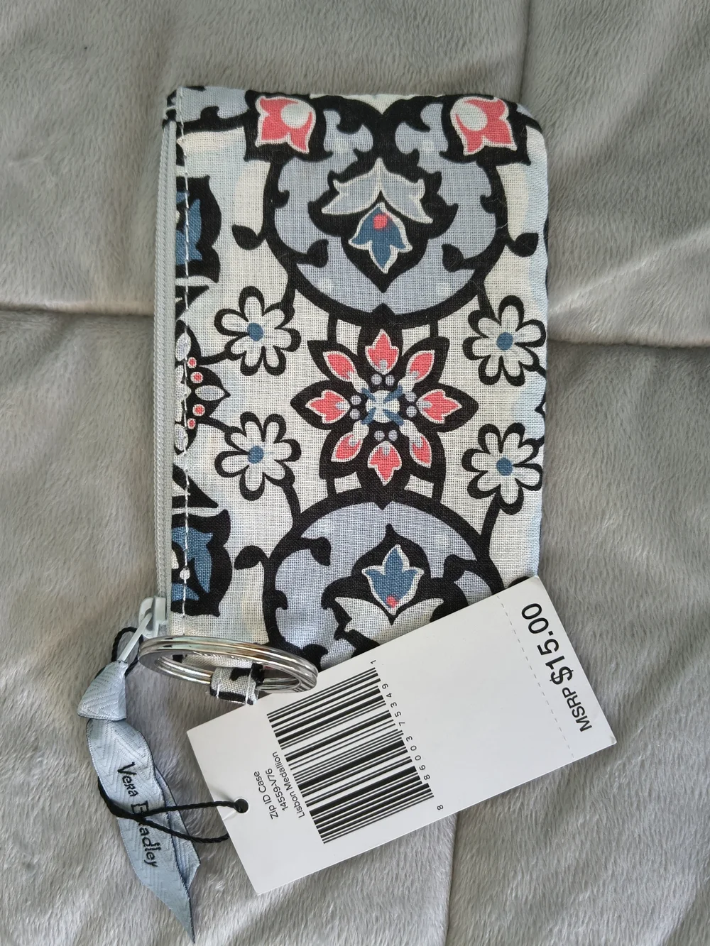 Vera Bradley Floral ID Window Wristlet Keyring — Black, White, Pink & Blue